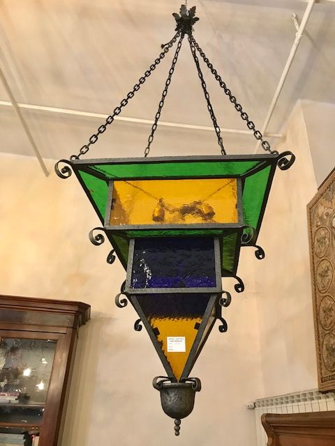 Antica Lanterna Lampadario con Vetri Cattedrale Restaurato e Ricondizionato