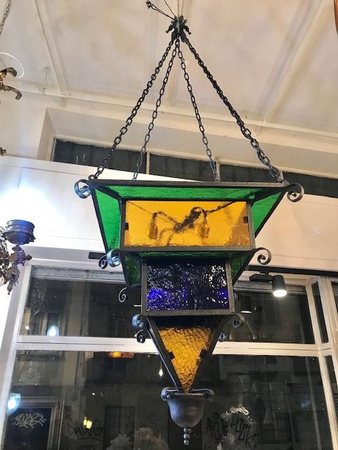 Antica Lanterna Lampadario con Vetri Cattedrale Restaurato e Ricondizionato