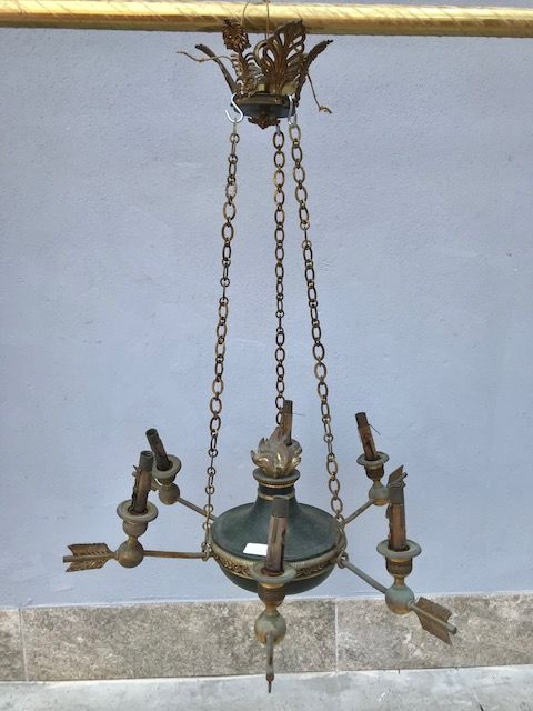 Lampadario Impero a 6 Luci in Bronzo Dorato Laccato Verde Impero