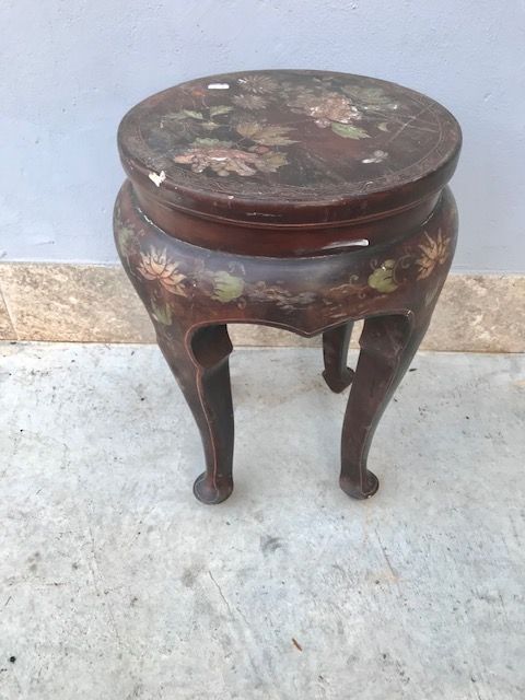 Oriental-style mahogany stool with floral pattern decoration