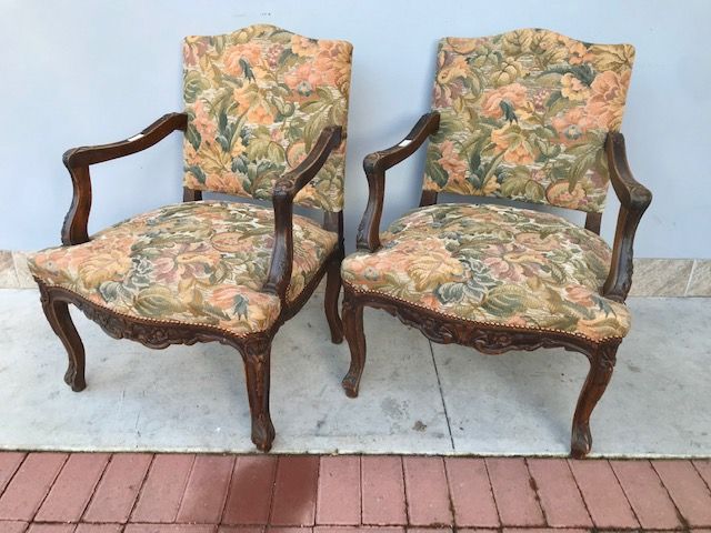 Pair of Louis XV Style Armchairs in Walnut