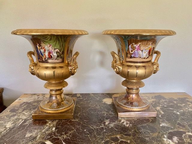 Pair of Large Gilded and Painted Ceramic Empire Vases