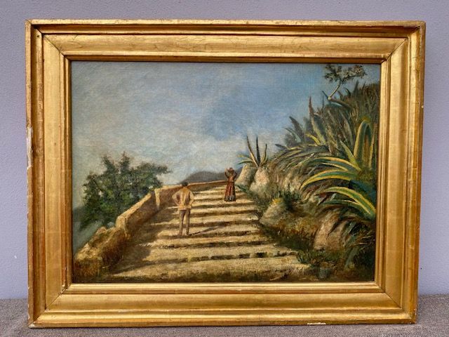 Dipinto ad olio su tela raffigurante paesaggio con scalinata e figure,
opera di Daniele Ranzoni
(Novara 3/12/1843 - Verbania 20/10/1889)
opera in perfette condizioni,
presenta cornice coeva dorata a foglia.
Epoca: II metà '800
Conservato
Misure cm 66x49h
Misure Max con Cornice cm 80x63h