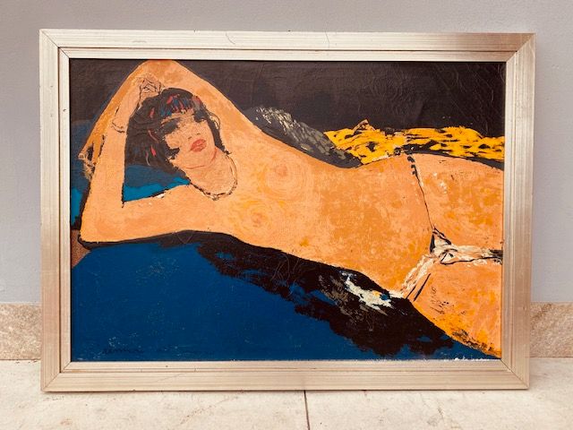 Oil painting on canvas depicting the nude of a reclining woman, by Salvatore Fiume.