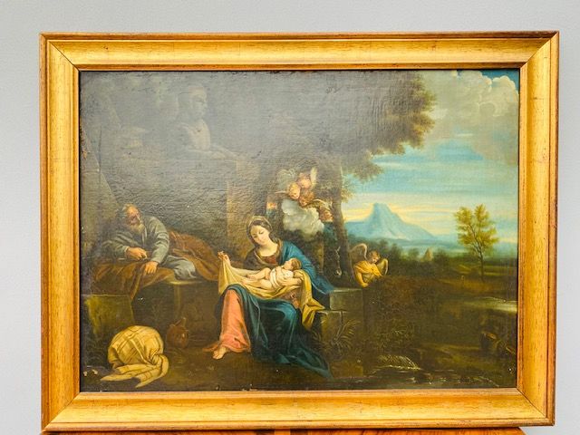 Oil painting on canvas depicting 'Resting during the Flight from Egypt'.