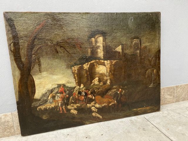 Oil Painting on Canvas depicting 'Landscape and Ruins