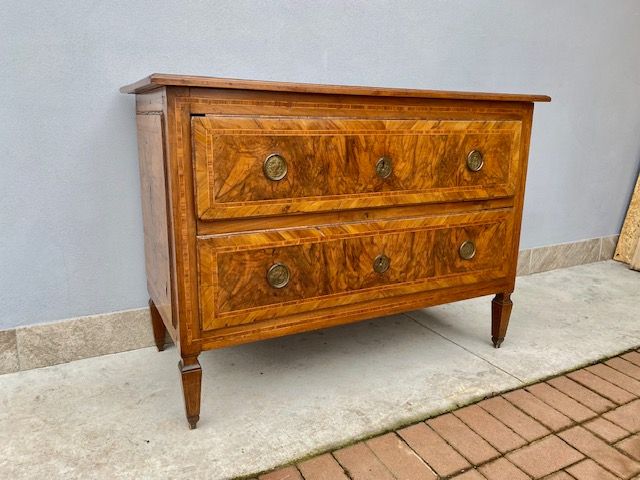 Emiliano Walnut and Walnut Burl Dresser with 2 Drawers, Inlaid in Bois de Rose and Boxwood.