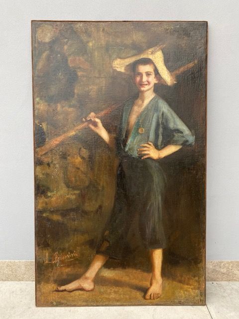 Oil painting on canvas depicting 'Young Fisherman' work in perfect condition, Luigi Basorini (1879-1919)