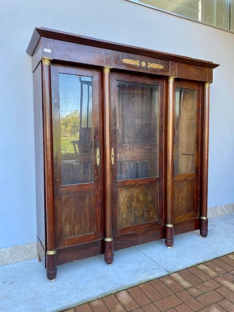 Mahogany Empire Bookcase with 3 Doors, features original bronzes.