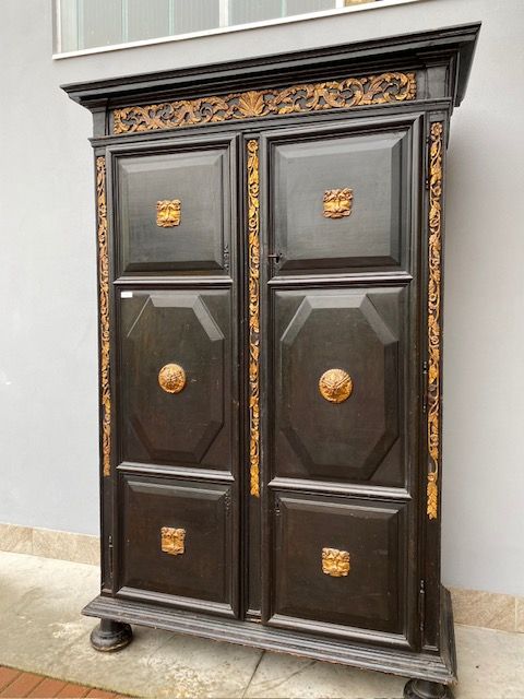Walnut Ebonised Wardrobe with 2 Doors, features carved and gilded wooden decoration motifs.