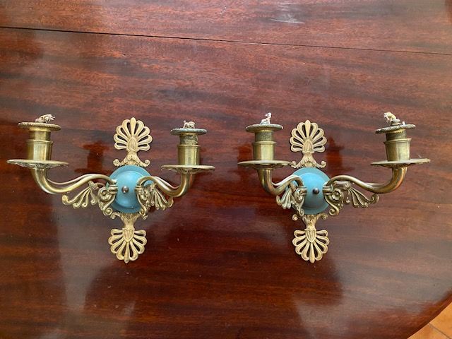 Pair of 2-Light Gilded and Lacquered Bronze Wall Lights