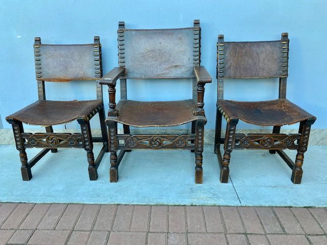 Series of 3 Renaissance Oak Armchairs, leather seat.
