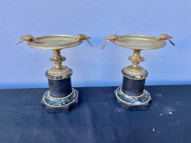 Pair of Empire Risers in Bronze and Base in Alpi Green Marble and Slate.