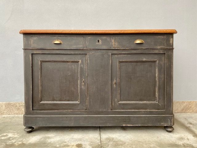 Antique Sideboard in Smoke Grey Lacquered Walnut with 2 Doors and 3 Drawers.