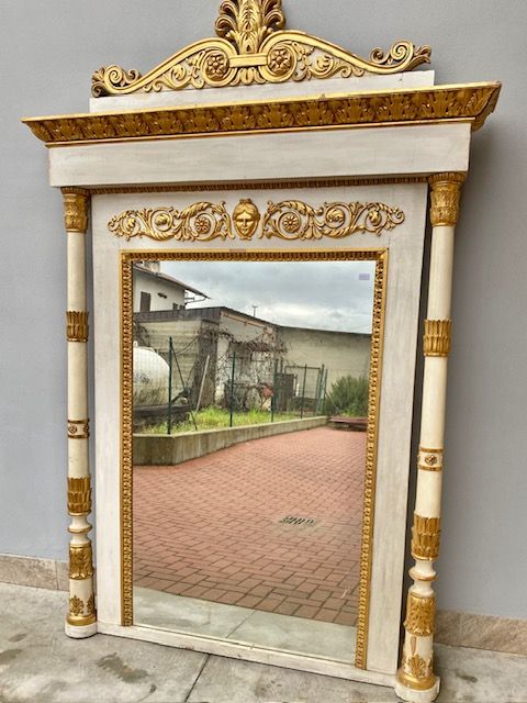 Important White and Gold Leaf Lacquered Empire Fireplace Mirror.