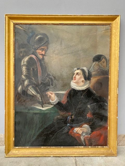 Dipinto Olio su Tela raffigurante Abdicazione di Maria Stuarda,
cornice coeva dorata a foglia.

Epoca: fine '700.

Provenienza: Torino.

In buone condizioni, necessita di restauro.

Misure dipinto: cm 107x138h

Misure cornice: cm 123x155h