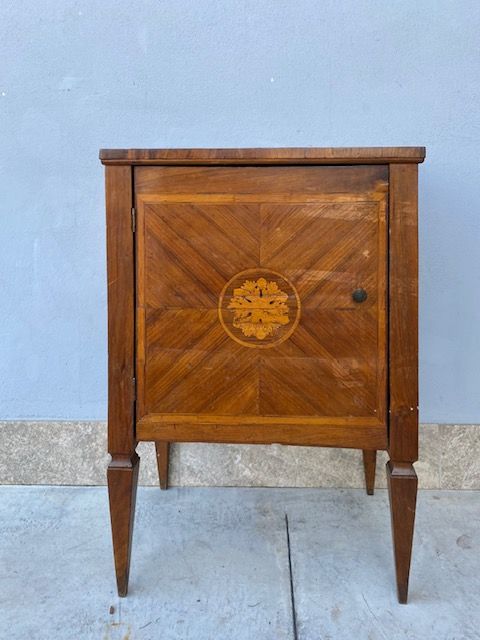 Antique Louis XVI Bedside Table Veneered and finely inlaid in various woods.