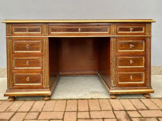 Mahogany Diplomatic Desk with Brass Inlays.
