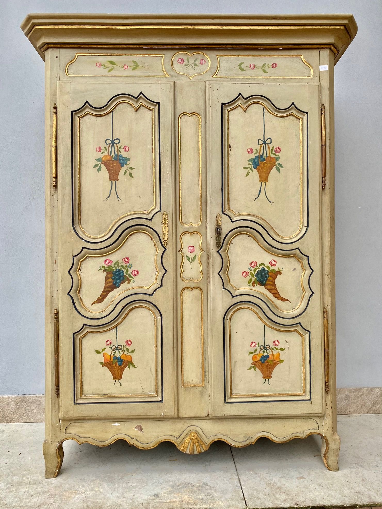Antique Provençal Lacquered and Painted Wardrobe with Floral Motifs.