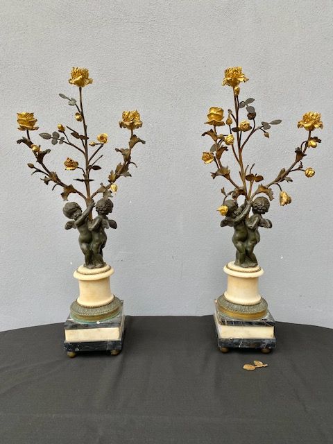 Pair of Candelabra with Putti in Bronze and Floral Motifs in Gilded Bronze