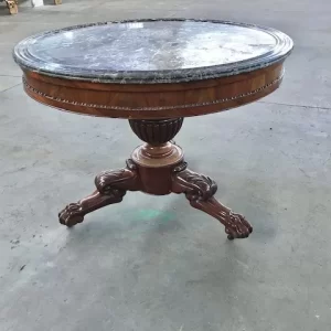 Tavolino rotondo Carlo X in mogano con piano in marmo grigio