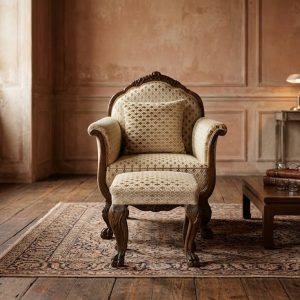 Poltrona con pouf in legno di noce intagliato - Epoca fine '800