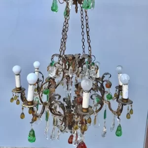 Lampadario a 8 luci – Anni '30 Vetro policromo e incolore
