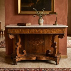 Consolle Carlo X in noce e piuma di noce con piano in marmo - Epoca '800