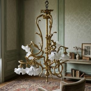 Lampadario Liberty - Primi '900 in Bronzo dorato a 9 luci
