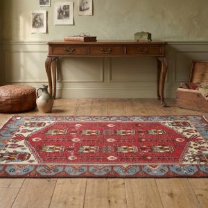Tappeto in Lana Decorato degli anni '50 in rosso e azzurro