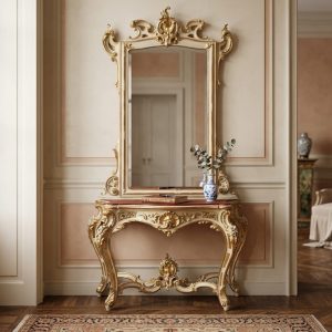 Consolle Luigi XVI specchiera legno laccato e dorato - Epoca 800/900
