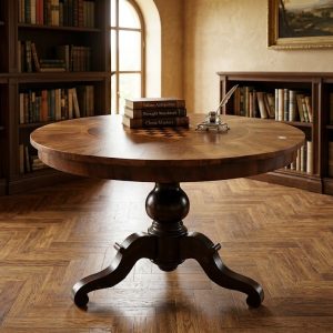 Tavolo Rotondo Epoca '800 in Noce con Intarsi a Scacchiera