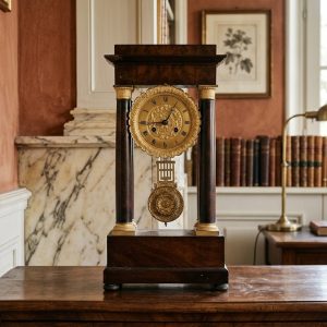 Orologio a Pendolo Impero dell'800 Noce con Capitelli in Bronzo Dorato