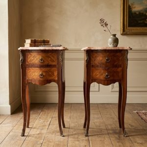 Coppia Comodini Luigi XV in Bois de Rose Piano Marmo Rosa - Fine '800