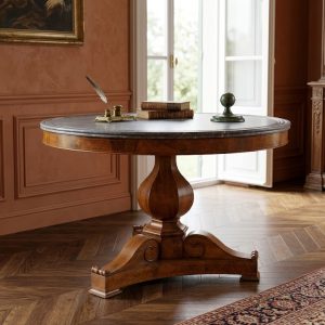 Tavolino Rotondo Gueridon Carlo X in Noce con Piano in Marmo