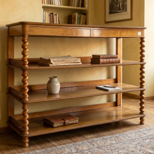 Elegante Etagere Carlo X in Mogano Biondo con 2 Cassetti