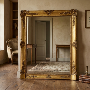 Specchiera Caminiera Impero '800 in Legno e Pastiglia Dorata