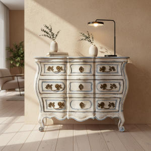 Cassettone Mosso fine '700 Laccato Bianco Panna e Azzurro