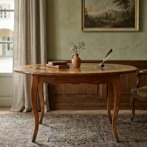 Tavolino Ovale in Rovere del '800 con Intarsio Floreale