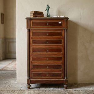 Settimanale in mogano del '800 con intarsi in ottone e piano in marmo