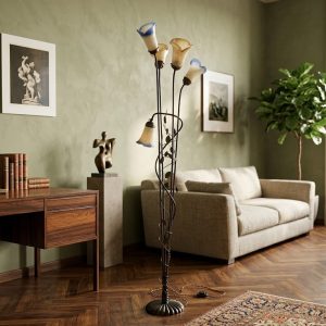 Lampada Liberty a Piantana con 5 Tulipe in Pasta di Vetro - Anni 60