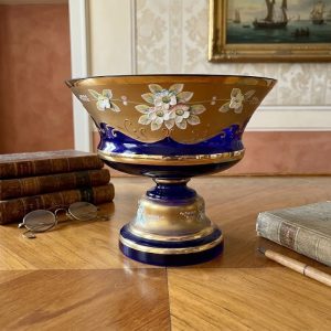 Vaso Centrotavola - Anni '60 in Vetro Blu Dipinto e Dorato