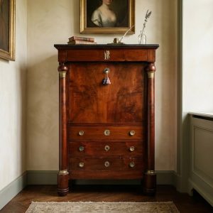 Secretaire Impero in Noce dell'800 con Piano in Marmo Nero