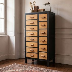 Cassettiera Anni '50 in Laccato Nero con 14 Cassetti