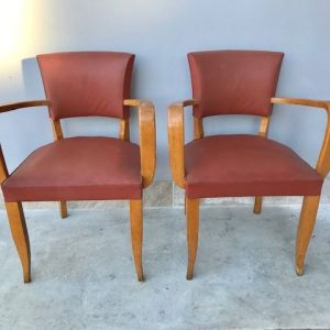 Coppia di Poltrone Anni '50 in faggio con fodera bordeaux
