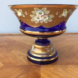 Vaso Centrotavola - Anni '60 in Vetro Blu Dipinto e Dorato