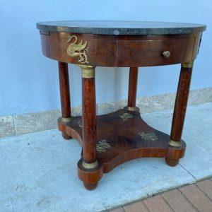 Tavolino Rotondo Impero in Mogano con Piano in Marmo