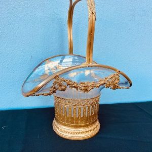 Cestino in Bronzo Dorato dell'800 con Cristallo di Baccarat